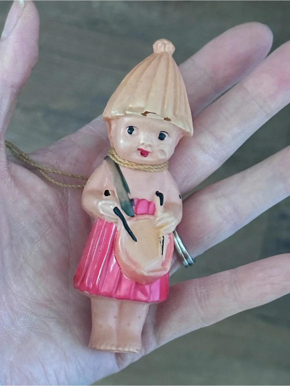 Antique 1930s Japan Celluloid Girl Christmas Ornament 4.25” Hand Painted Rare